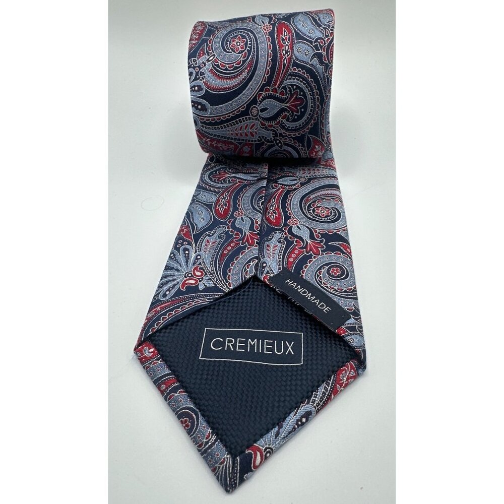 DANIEL CREMIEUX Men's 100% Silk Handmade Paisley Tie Navy Blue Red White - Picture 3 of 4